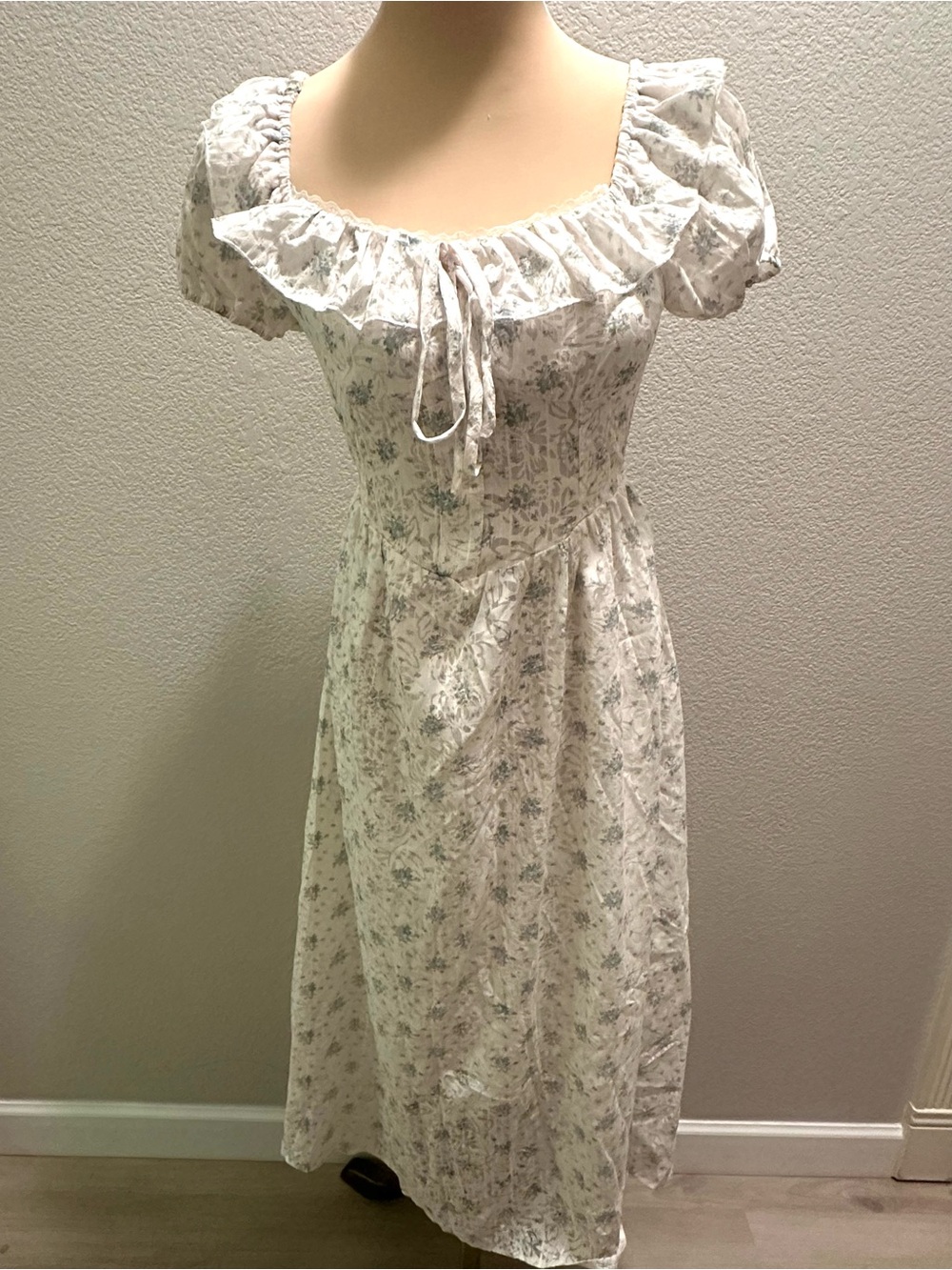 White Floral Ruffle-Neck Midi Dress with Tie Detail